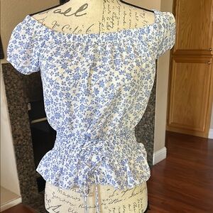 Ultra Flirt White and Blue Puff Sleeve Smocked Blouse
